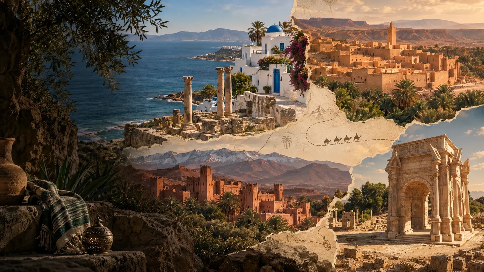 Composition générée évoquant la Tunisie, l’Algérie, le Maroc et la Libye, dans l’esprit d’un carnet de voyage Nomadstrek